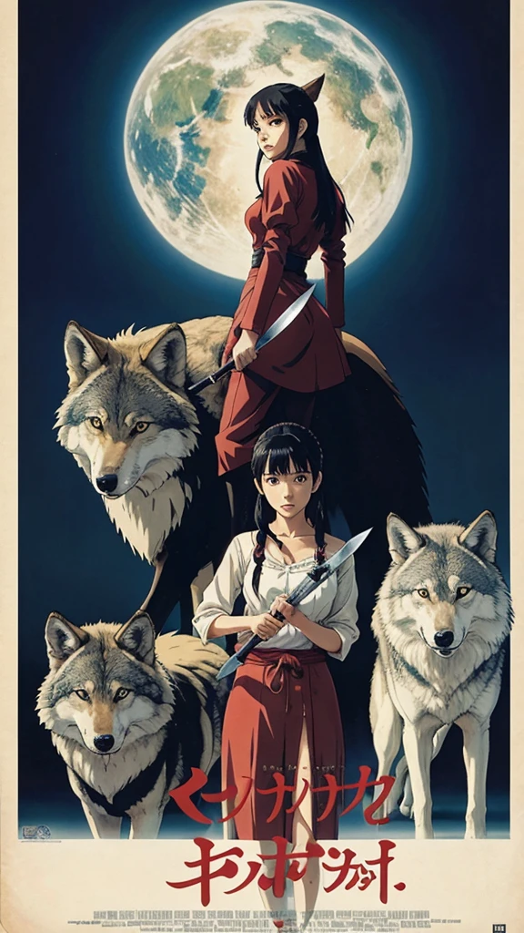 Anime poster of a woman holding a knife and a wolf, Hayao Miyazaki's anime drawings, tumbler, Art Nouveau, princess Monster, Monster, princess Monster inspired, princess Monster color scheme, studio ghibly style Monster, studio ghibli and shinkai makoto, Ghibli anime style、live-action,High-resolution model, Ultra high definition, Textured skin,