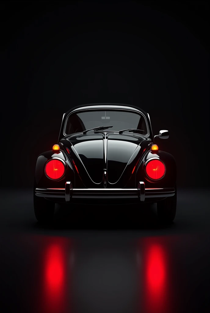 black backdrop, black beetle car year 1980,with both red headlights,looking from the front view