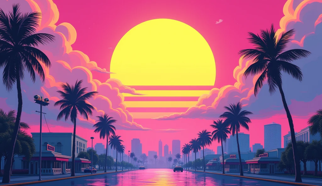 Vice City GTA, pink and blue and yellow sky with a yellow sun, retro sky, no clouds