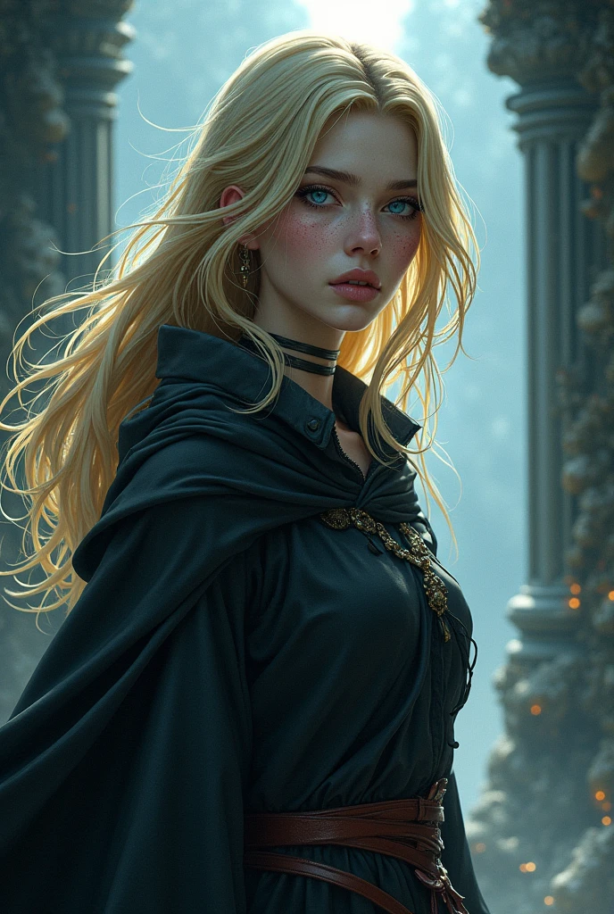 Fantasy Character. adult  woman, blonde hair and blue eyes, fair skin with freckles, a frightening feature, with a dominant look. Medieval era anime style.