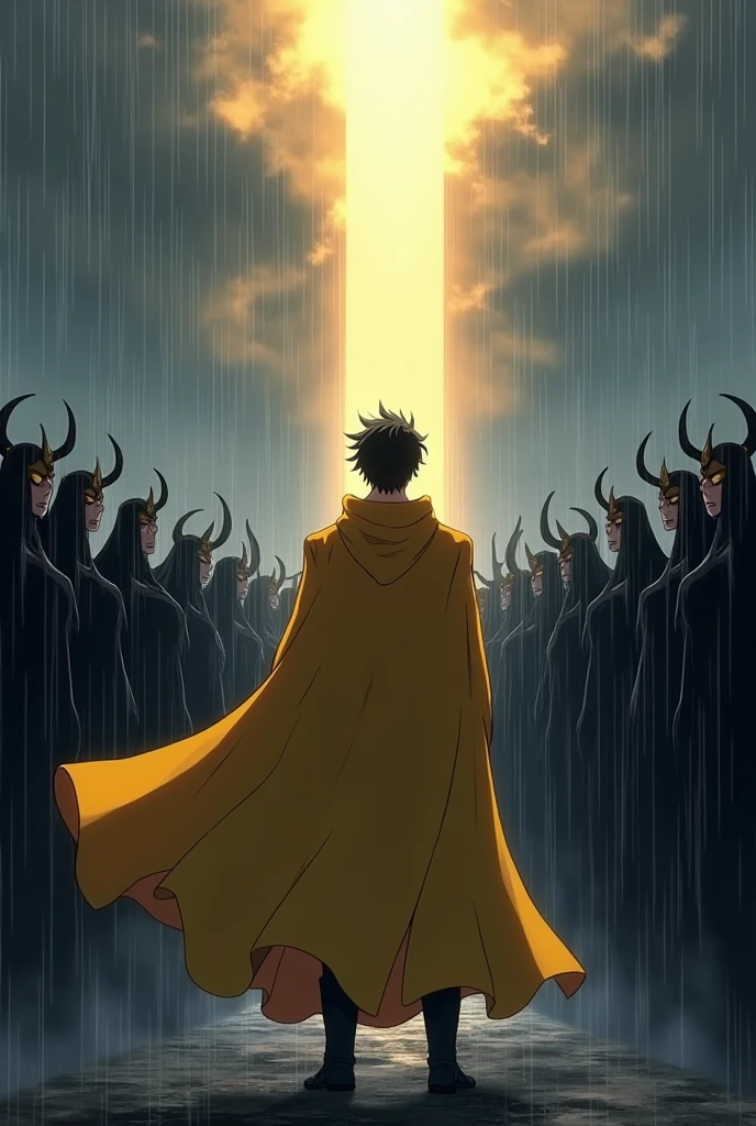 An Male Anime character with a golden cloak unhooded looking at a army of black figures with horns in rainy weather with the sun peaking through the clouds.