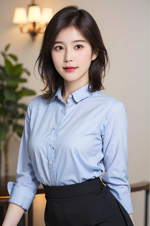 (A gorgeous Japanese woman with short bob hair, kind smile, wearing a collared shirt, a pencil skirt, sitting in a cozy café, bokeh background, cowboy shot, peace in simplicity, easygoing expression, hands on hips, legs crossed,
(best quality,4k,8k, high-resolution,masterpiece:1.2),
ultra-detailed,(realistic,photorealistic,photo-realistic:1.37),
HDR,UHD,studio lighting,
ultra-fine painting,
sharp focus,physically-based rendering,
extreme detail description,
professional,vivid colors,bokeh,
portraits,photography,sfw)