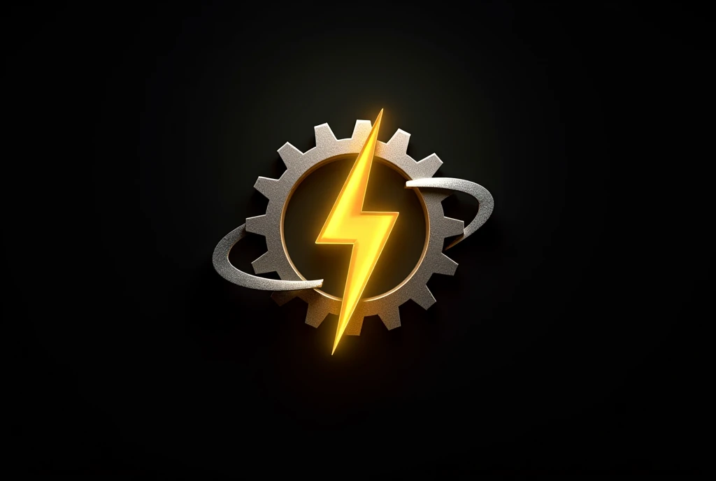 Electrical engineering symbol with yellow lightning bolt, fully solid black background, silver gear and molecular energy ray wrap