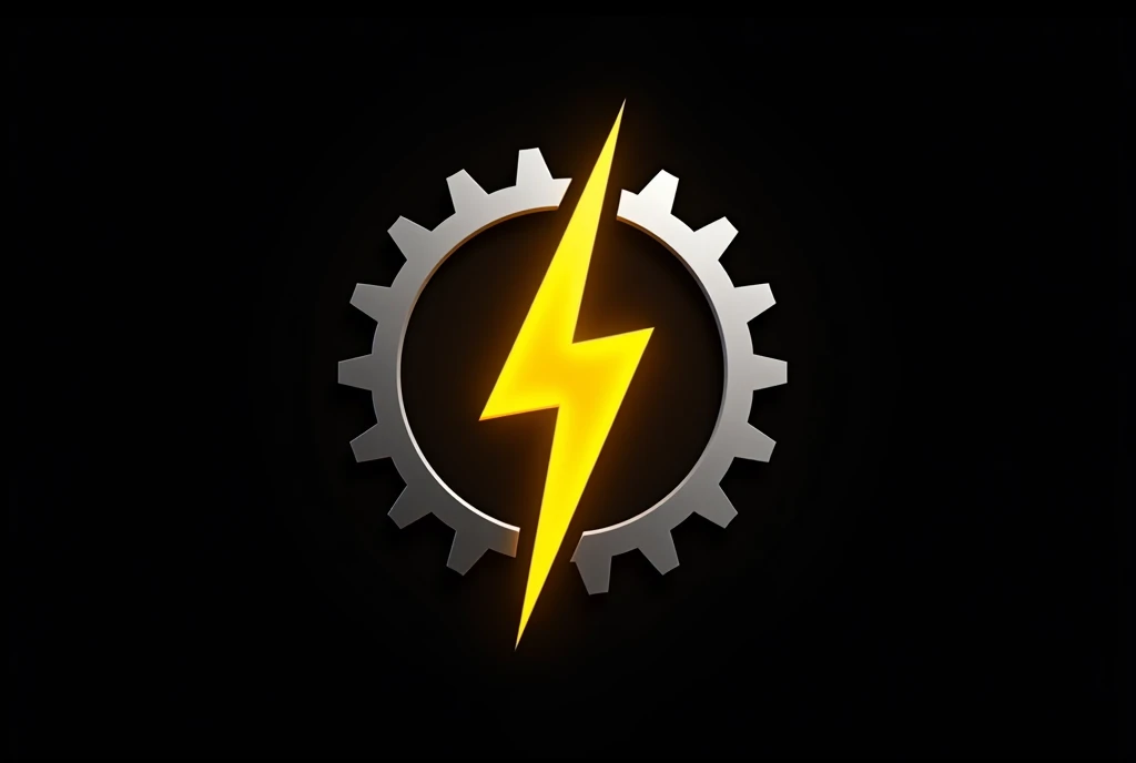 Electrical engineering symbol with yellow lightning bolt, fully solid black background, silver gear and molecular energy ray wrap