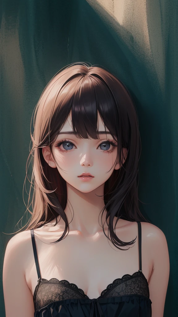 masterpiece, Highest quality, (Dark Photos:1.3), Realistic, One girl wearing a lace camisole, Flat bangs, A beautiful innocent symmetrical face, Emotional, Ulzzang, (Pure Eros Face_v1:0.7)