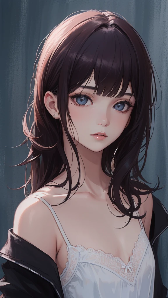 masterpiece, Highest quality, (Dark Photos:1.3), Realistic, One girl wearing a lace camisole, Flat bangs, A beautiful innocent symmetrical face, Emotional, Ulzzang, (Pure Eros Face_v1:0.7)