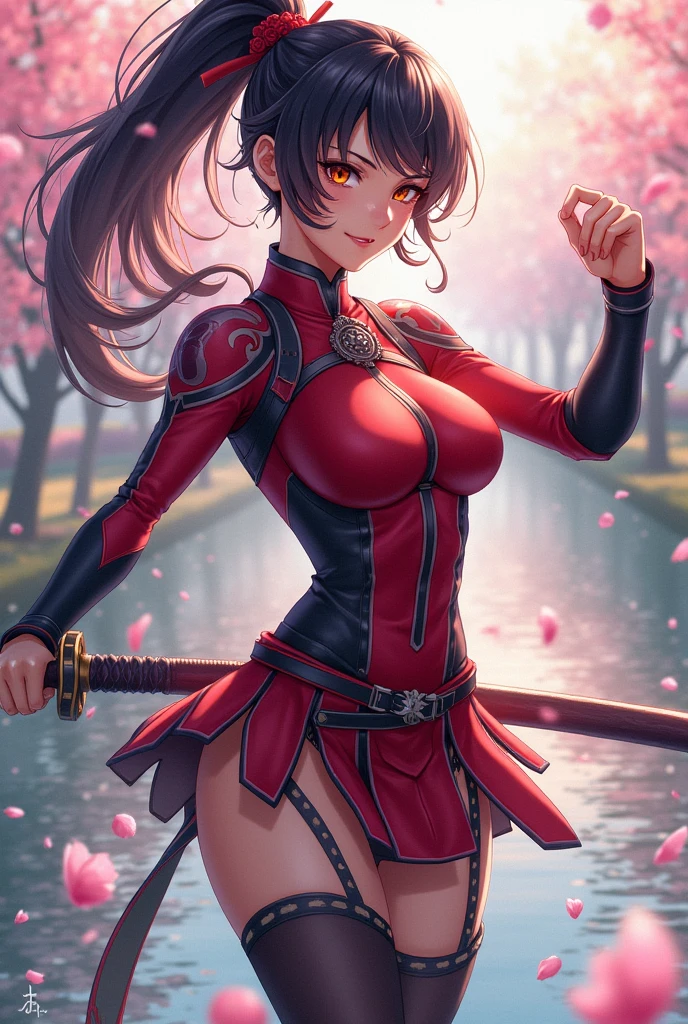 Extremely detailed and high resolution masterpiece by Mitsuri Kanroji, the beautiful and deadly Demon Slayer in dynamic action. Adds emphasis to the intricate details of the outfit and the fierce expression on her face... Set the scene on a sunny day, with a serene pond and cherry blossom petals in the background. Use vibrant colors and volumetric lighting to create a sense of ethereal beauty and power., smiling
