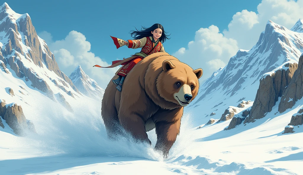 girl\(Black long hair, Ainu folk costumes, Smile\) Sitting on a huge brown bear,Traveling through the wilderness at great speed\(Snow Mountain\) Hokkaido,Dynamic camera angles, Powerful composition, Condensed lines, Less snow,magnificent landscape