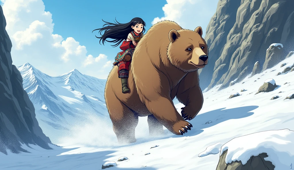 girl\(Black long hair, Ainu folk costumes, Smile\) Sitting on a huge brown bear，Traveling through the wilderness at great speed\(Snow Mountain\) Hokkaido,Dynamic camera angles, Powerful composition, Condensed lines, Less snow,magnificent landscape