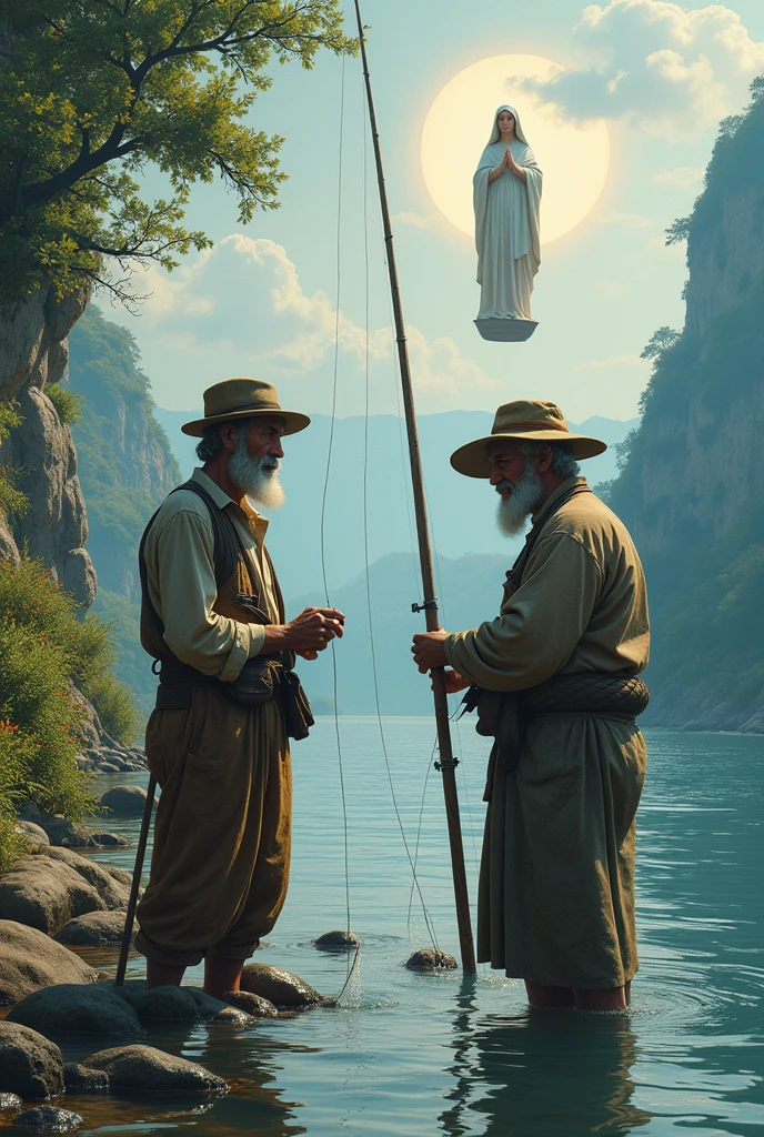 Make me a picture with 2 fishermen aged 30 and 50 with the Virgin of Iemanja taking care of them perched on the river