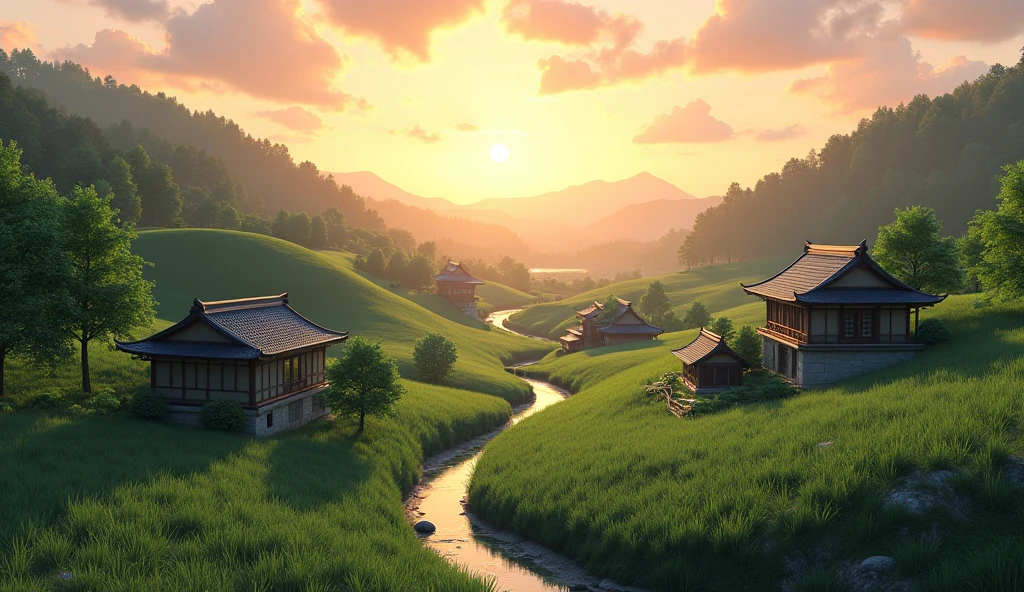 Japanese summer evening scenery. Unreal Engine in Depth , Japan summer countryside、
