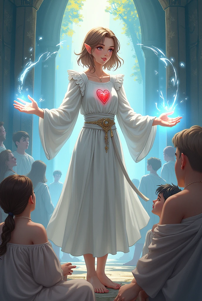 a young half-elf man with delicate, feminine features and shoulder-length light brown hair.
wearing white medieval clothing with a symbol of a light blue feather over a red heart drawn on the clothes at chest height.
emitting light from hands to heal injured people in medieval anime cartoon style