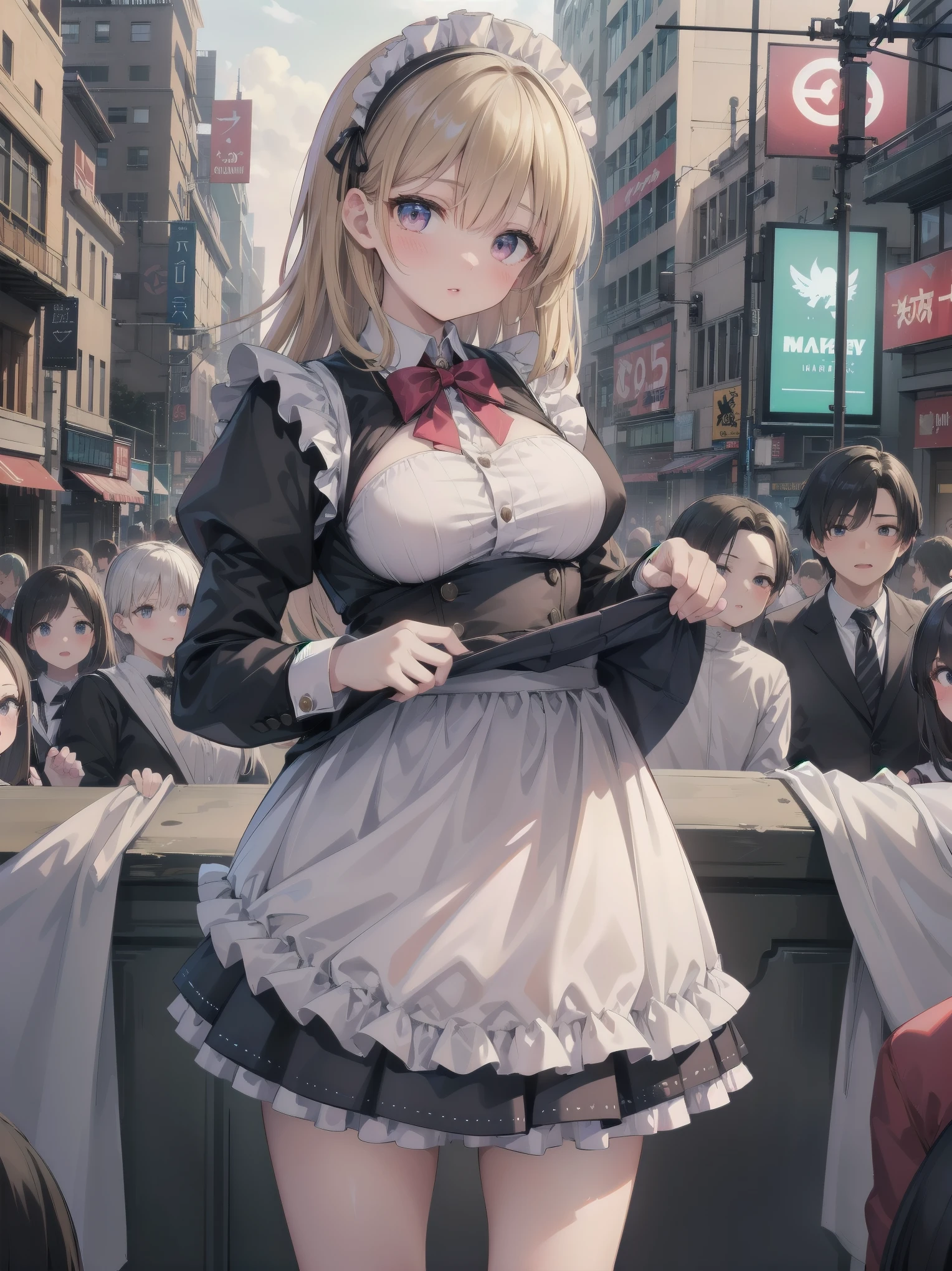 Highly detailed CG Unity 8k wallpaper, Top quality, Highly detailed, Masterpiece, Highly detailed pretty girl, , (((lifting skirt by herself))), (lifting skirt by herself)), dynamic angles, sexy pose, blush, lips apart, looking at audience, half body shot, (crowd), (crowded big city)), hair over one eye, immaculate beauty, less revealing maid outfit, classical maid fashion