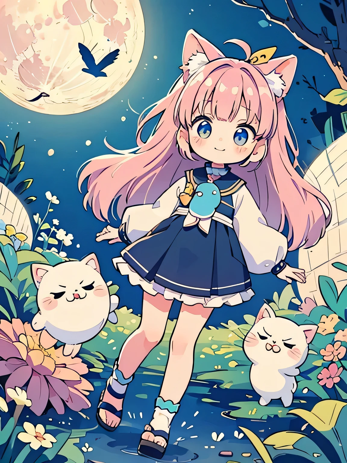 Momoko Sakura colorful style, Simple Line Initialism,Abstract art,The most beautiful girl of all time, chibi, (((full moon))), Cute Aliens