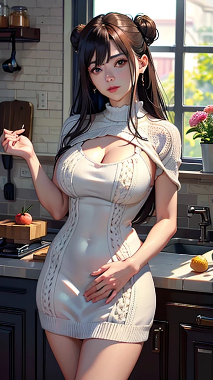 ((Medium long shot)), (A beautiful and decidedly mature woman), ( 1 woman,1 chico), ((mom and son:1.4)), Very detailed顔, detailed lips, Sensual Lips, detailed eye, double eyelid, brown bun hair, big and full breasts,big , Gigantic chest, (thighs thighs thighs), Exactly, perfect body, perfect face, Depth of written limits., perfect image realism, 、Detailed with background, Detailed costume, perfect thing、hyperrealism、Photoreal、Maximum resolution of 8K, (masterpiece), Very detailed, professional, ((Feeling shy, ashamed, very nervous:1.4)), ((In the home, in the kitchen :1.4)), ((long knitted dress:1.4))
