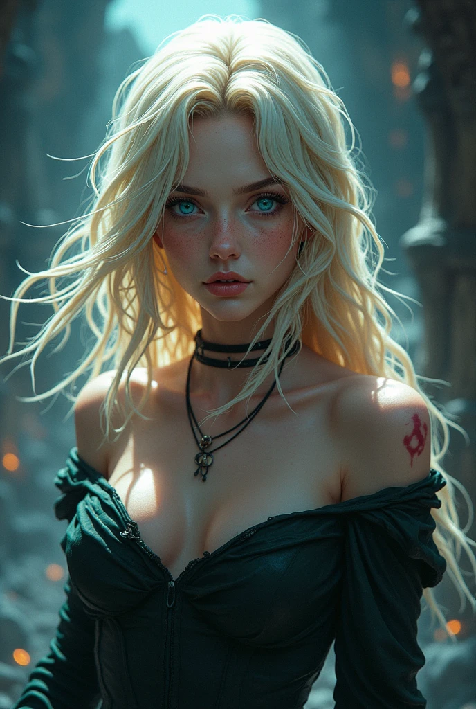 Fantasy Character. adult woman, blonde hair and blue eyes, fair skin with freckles, a frightening feature, with a dominant look. Medieval era anime style.