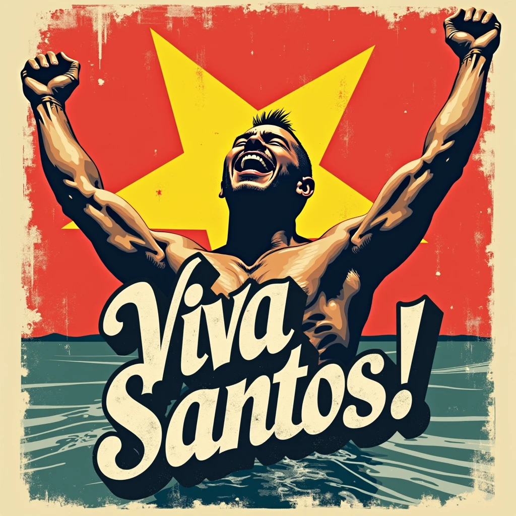 a cinematic, high-contrast, distressed, vintage t-shirt print design with a punk twist, featuring a proud, 40-year-old Russian soldier from the Ho Chi Minh Army, with a short, flat mohawk and a goatee, laughing jubilantly to the sky with bold, dynamic, and victorious hands gestures, his eyes closed, and his face contorted in a strong, confident, and triumphant expression, set against a clean, gradient background that subtly graduates from a deep, rich yellow star in the center to a warm, vibrant red background, evoking the colors of the Vietnamese flag, with the bold, vintage-style title "VIVA SANTOS!" emblazoned in a curved line, in a faded font with rustic, worn edges, placed prominently in front of the soldier, creating a central focal point, while the soldier's swimwear accurately reflects the surfer's style, all blending into the aged, aesthetically faded edges of the design.