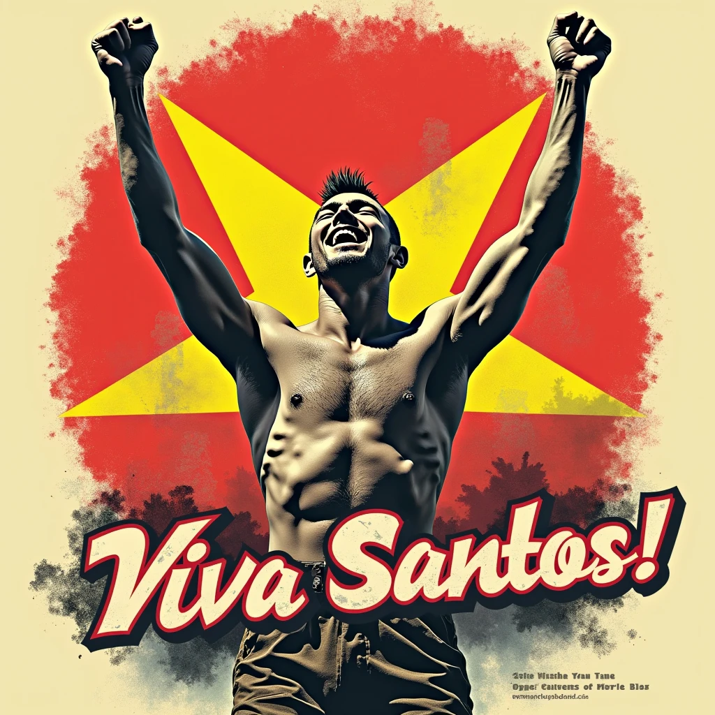 a cinematic, high-contrast, distressed, vintage t-shirt print design with a punk twist, featuring a proud, 40-year-old Russian soldier from the Ho Chi Minh Army, with a short, flat mohawk and a goatee, laughing jubilantly to the sky with bold, dynamic, and victorious hands gestures, his eyes closed, and his face contorted in a strong, confident, and triumphant expression, set against a clean, gradient background that subtly graduates from a deep, rich yellow star in the center to a warm, vibrant red background, evoking the colors of the Vietnamese flag, with the bold, vintage-style title "VIVA SANTOS!" emblazoned in a curved line, in a faded font with rustic, worn edges, placed prominently in front of the soldier, creating a central focal point, while the soldier's swimwear accurately reflects the surfer's style, all blending into the aged, aesthetically faded edges of the design.