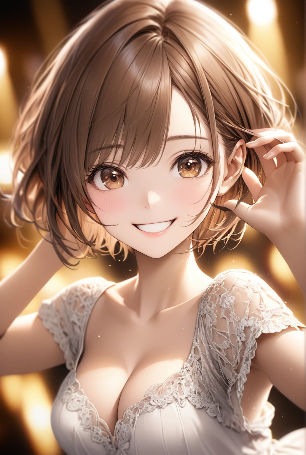 night, RAW Photos, (((Very beautiful portrait))), (Very beautiful portrait))), 1 girl, sexy 2 girl, ((Natural brown short hair)), [Brown eyes],カメラを見つめる優しいsmile(Cleavage), ((masterpiece, 最high quality, Super detailed, Cinema Lighting, Intricate details, High resolution, 8k, Very detailed)), Detailed Background, 8k UHD, Digital SLR, Soft lighting, high quality, Film Grain, Fujifilm XT3, Shallow depth of field, Natural light, Perfect Face,Dancing,Looks happy,looks fun,smile,Posing