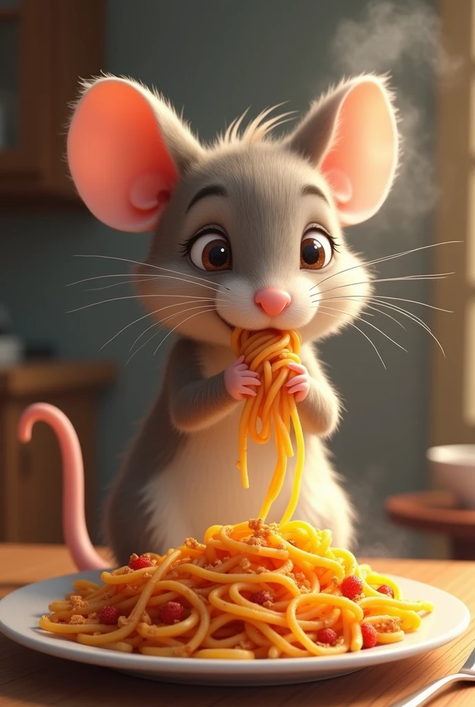 Mouse eating pasta