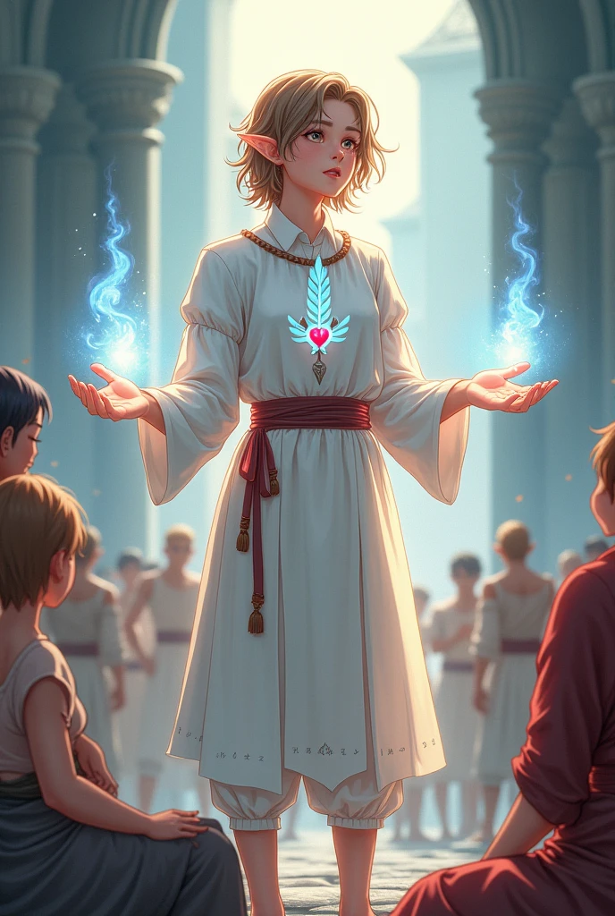 a young half-elf man with delicate, feminine features and shoulder-length light brown hair.
 
wearing white medieval clothing with a symbol of a light blue feather over a red heart drawn on the clothes at chest height.

 emitting light from hands to heal injured people in medieval anime cartoon style
