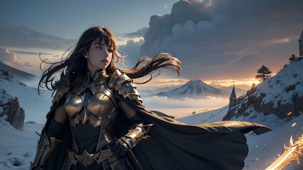 8K, Ultra HD, Highest quality, (Very detailed), Dynamic Angle, Mysterious expression, wind-effect, fantasy background, Edge lighting, Movie Lighting, Ultra-high resolution, 8K UHD, Film Grain, Better shadows, Moderate, Raw, Light Particles, Delicate skin texture, Detailed armor textures, Delicate face, Intricate details, Very detailed, bright, Strong, Gold Armor, (Glowing longsword), reduce, Crushing, Scapula, Long cape, fantasy, (Practical), Scapula, complex, With complex, Perfect lighting, Viewers, Movie Lighting, flight Keywords: flight, Holy Light, Energetic, Bangs, wind, Female Knight,volcano,night,magma,castle