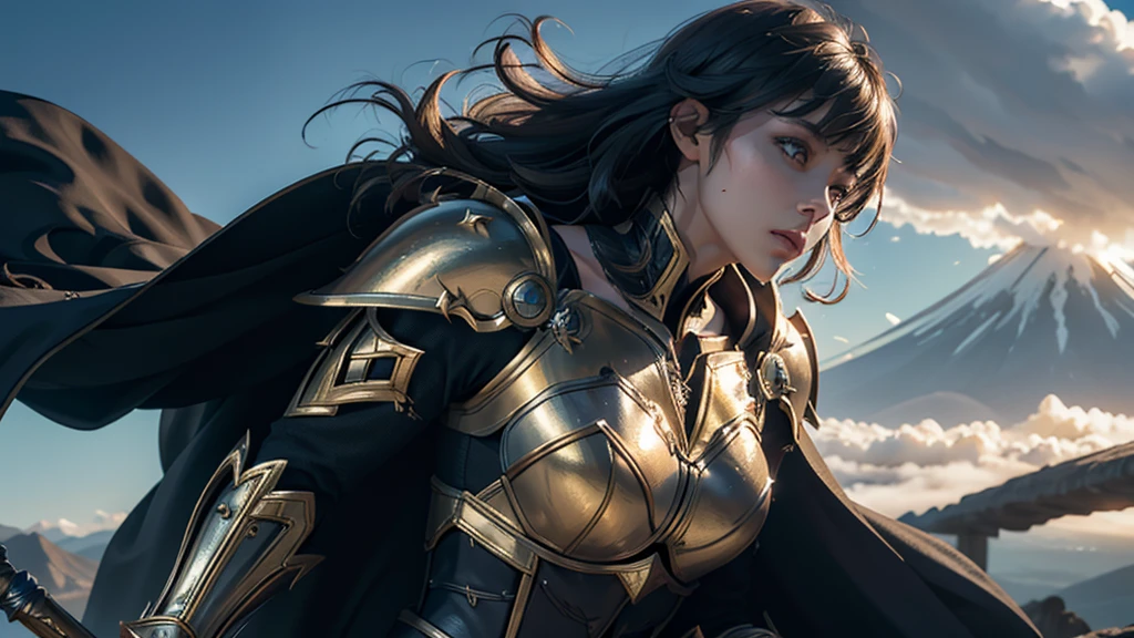 8K, Ultra HD, Highest quality, (Very detailed), Dynamic Angle, Mysterious expression, wind-effect, fantasy background, Edge lighting, Movie Lighting, Ultra-high resolution, 8K UHD, Film Grain, Better shadows, Moderate, Raw, Light Particles, Delicate skin texture, Detailed armor textures, Delicate face, Intricate details, Very detailed, bright, Strong, Gold Armor, (Glowing longsword), reduce, Crushing, Scapula, Long cape, fantasy, (Practical), Scapula, complex, With complex, Perfect lighting, Viewers, Movie Lighting, flight Keywords: flight, Holy Light, Energetic, Bangs, wind, Female Knight,volcano,night,magma,castle