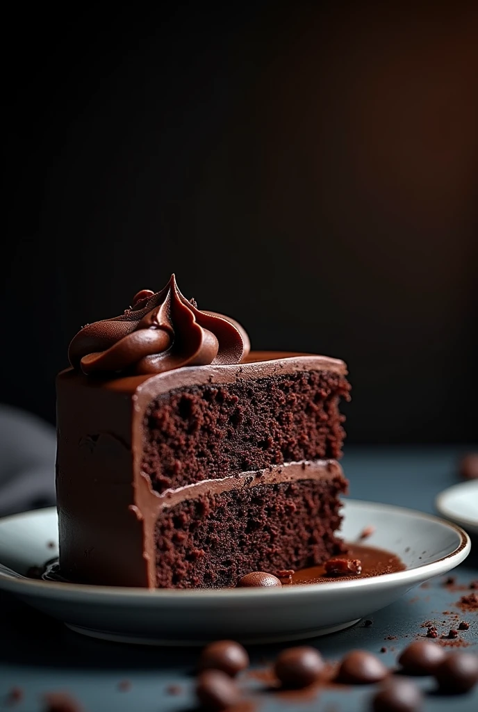 cinematic film still chocolate, chocolate cake, dark background, quality photo, moist texture, frosting, studio photo, slice . shallow depth of field, vignette, highly detailed, high budget, bokeh, cinemascope, moody, epic, gorgeous, film grain, grainy