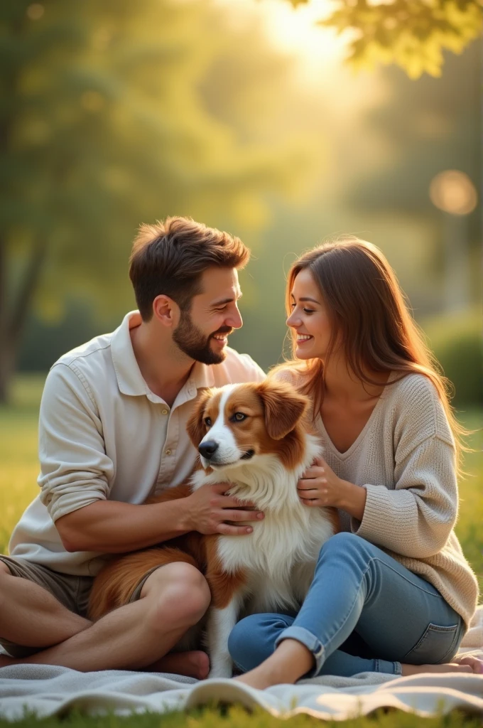 white couple, brown and white dog, blackquality hair