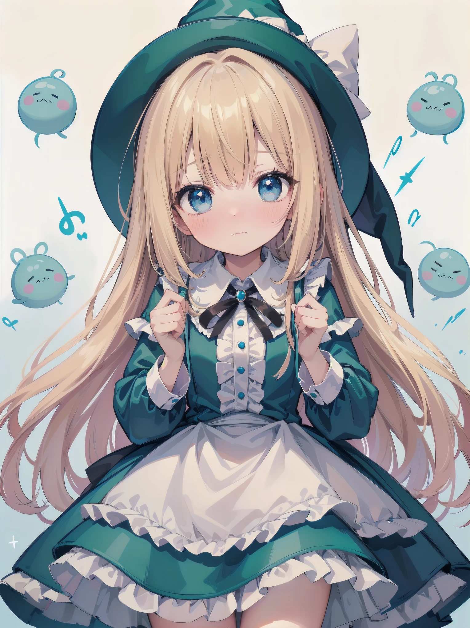 🎶, (🧙‍♀️), ✡, ✨(hat), , Alice in Wonderland, Alone, very beautiful, cute, adorable, embarrassed, alone, blue eyes, look at viewer, looking up, kawaii tech, pastel colors, kawaii, cute colors, Alice in Wonderland, alone, very beautiful, cute, adorable, embarrassed, alone, blue eyes