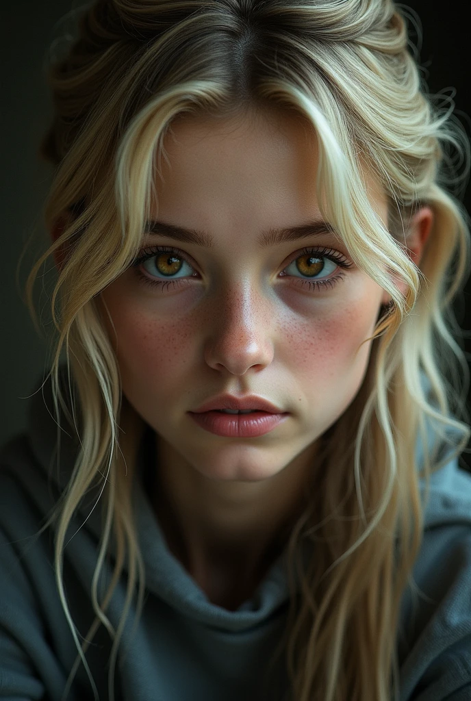 Girl with dirty blonde hair and a mullet haircut with hazel eyes 