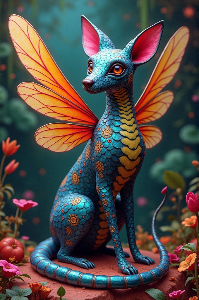 An alebrije that is a combination of dog, dragonfly and snake