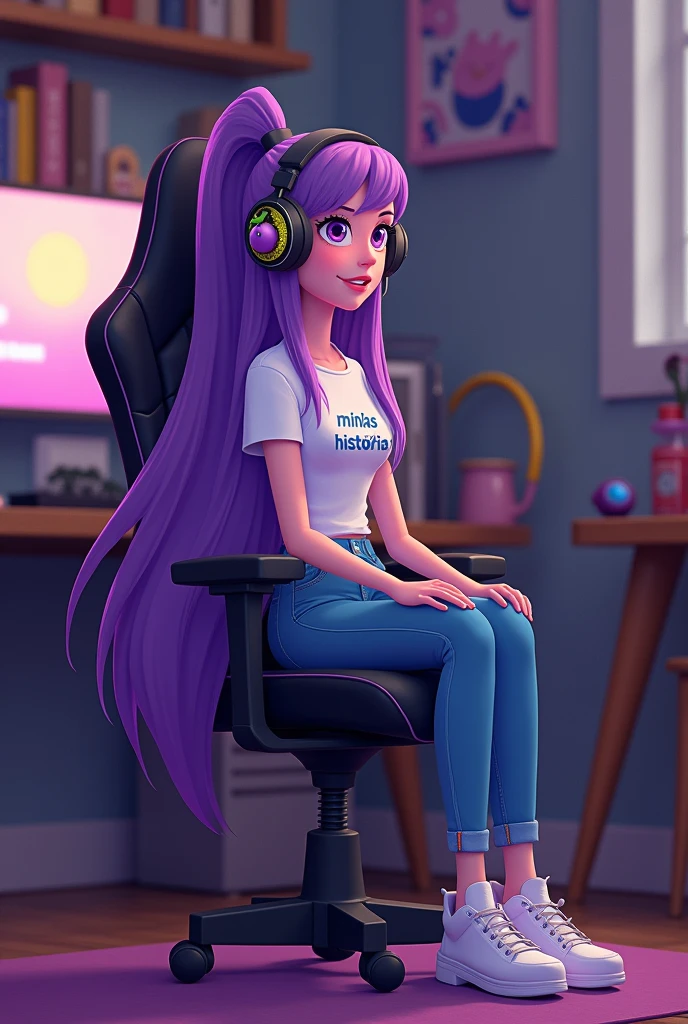Image Description: The character is represented in Adventure Time style with natural lilac skin, sitting with her back to a gamer table. She is in a black gaming chair with purple details, including a small grape symbol on the back. Her long, straight hair reaches down to her waist, starting out a dark shade of purple at the roots and gradually lightening at the ends. She wears a short-sleeved t-shirt with the phrase "minhas histórias", jeans and white sneakers. The character is also wearing headphones, which have a grape symbol on the sides. the environment is a cozy room with a bookshelf, she is sitting on the Gamer chair with her back to the gamer computer and the colors match like her