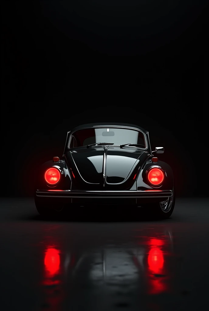 black backdrop, black beetle car year 1980,with both red headlights,looking at a mirror with the front part