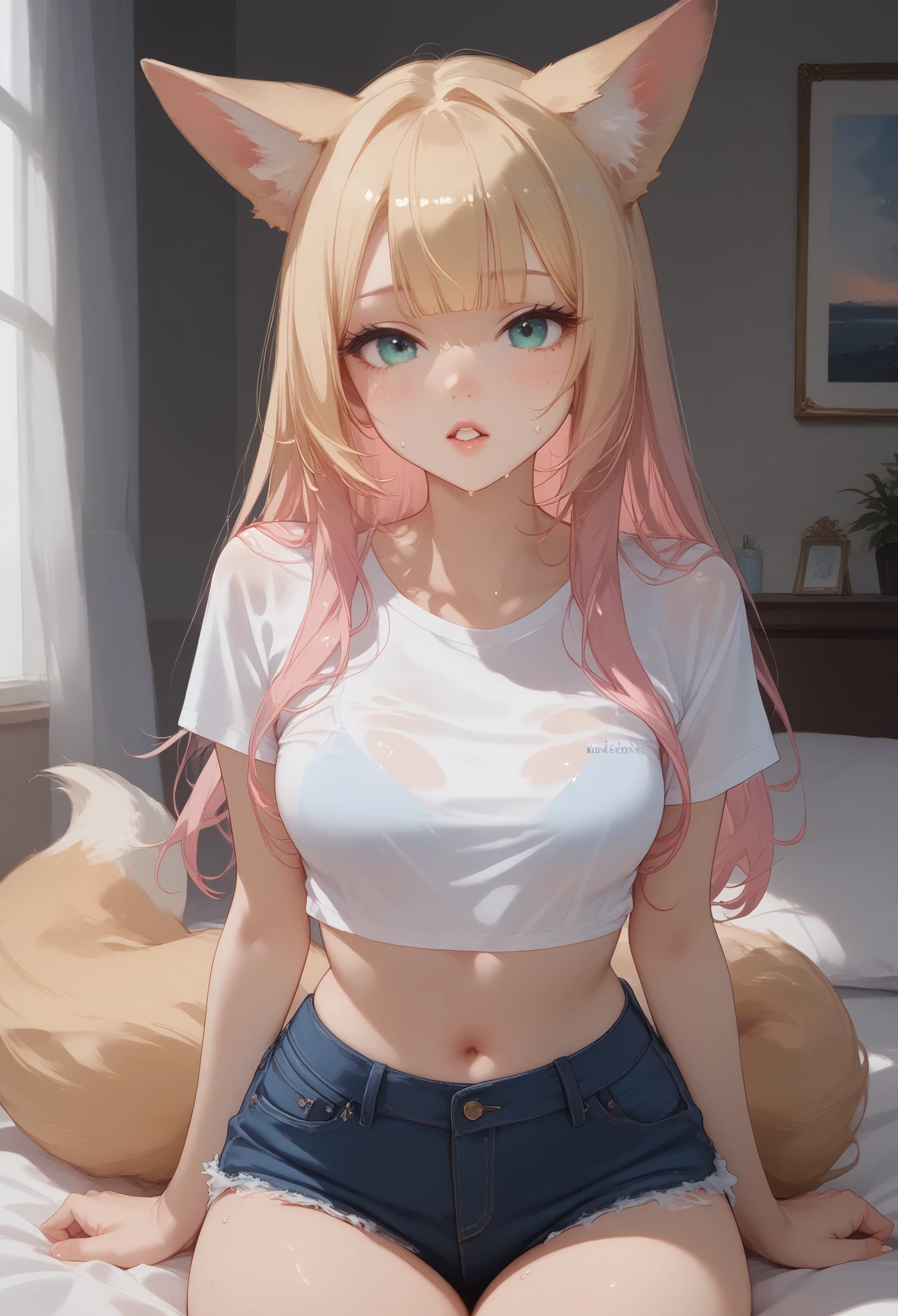 (best quality, masterpiece), 1 girl, centaur, It takes,White skin, belly button t-shirt, 아름다운 소녀 perfect deer photo, perfect deer photo