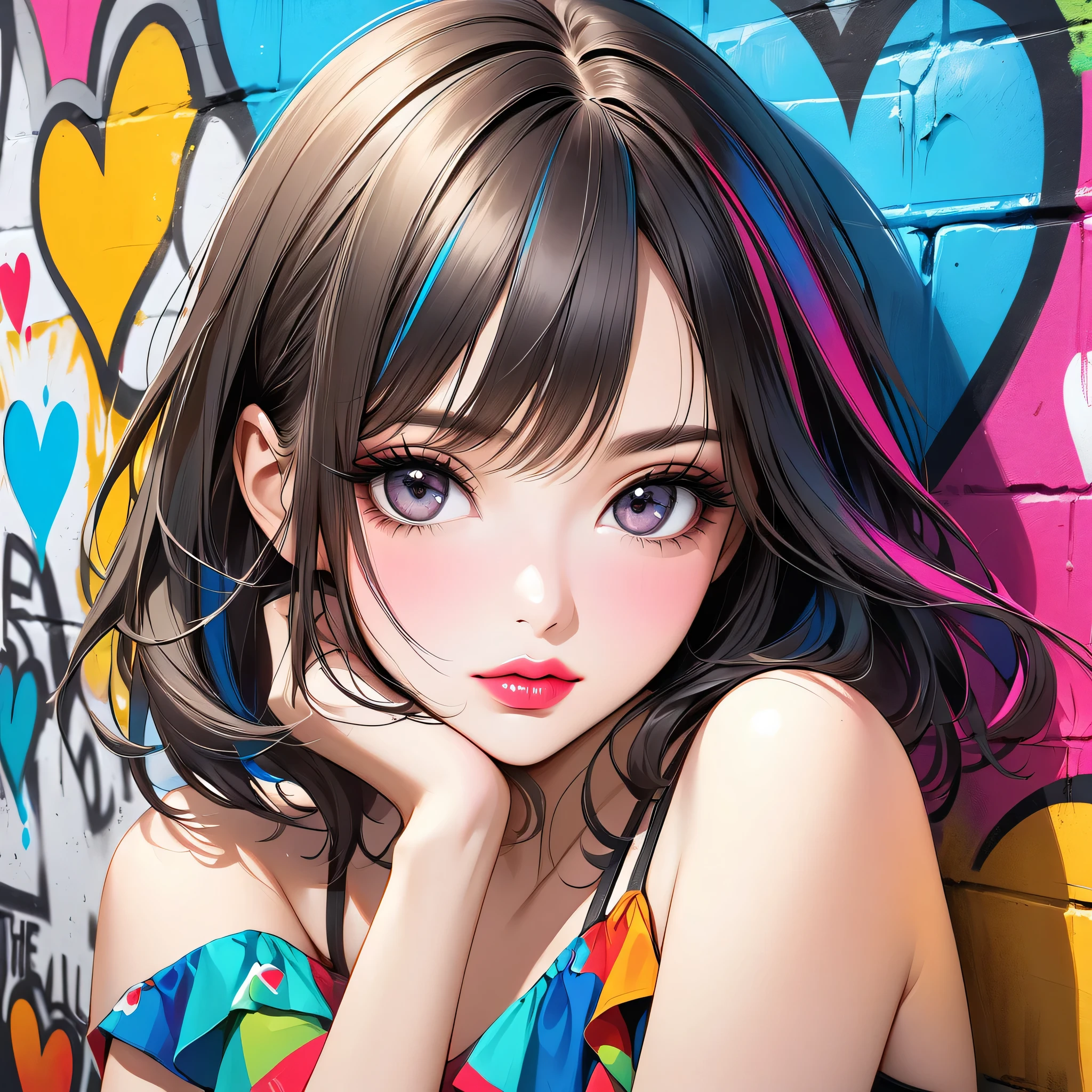 Ultra-realism Micho colorful style, Simple Line Initialism，Abstract art，(((The most beautiful girl of all time))), Sweet face. Lips in love, colorful hearts, stylish design, Summer beach fashion, Dark Eyes, Graffiti on the wall