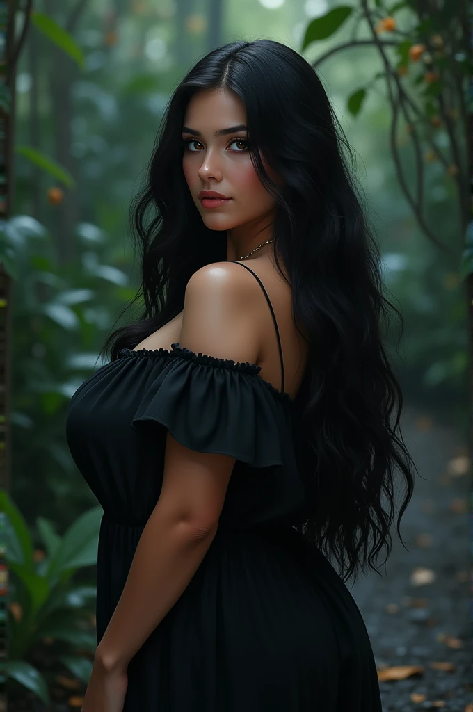 A seventeen year old plus size white woman with light brown dragon eyes, thick eyelashes, long black hair below the waist, slightly wavy, full lips wearing a loose black midi dress in a night garden 