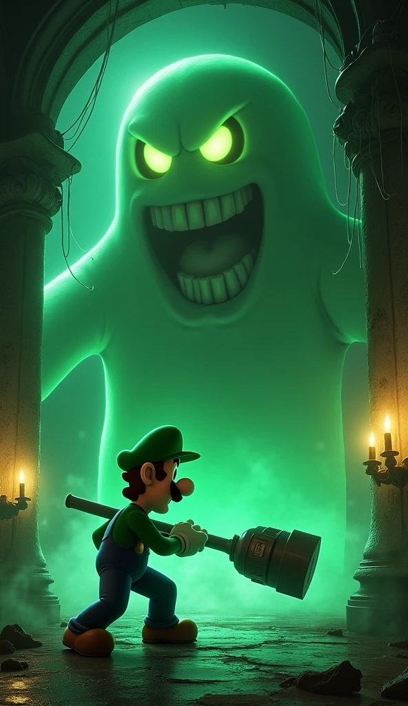 Luigi bravely fighting King Boo inside a mansion, green atmosphere.