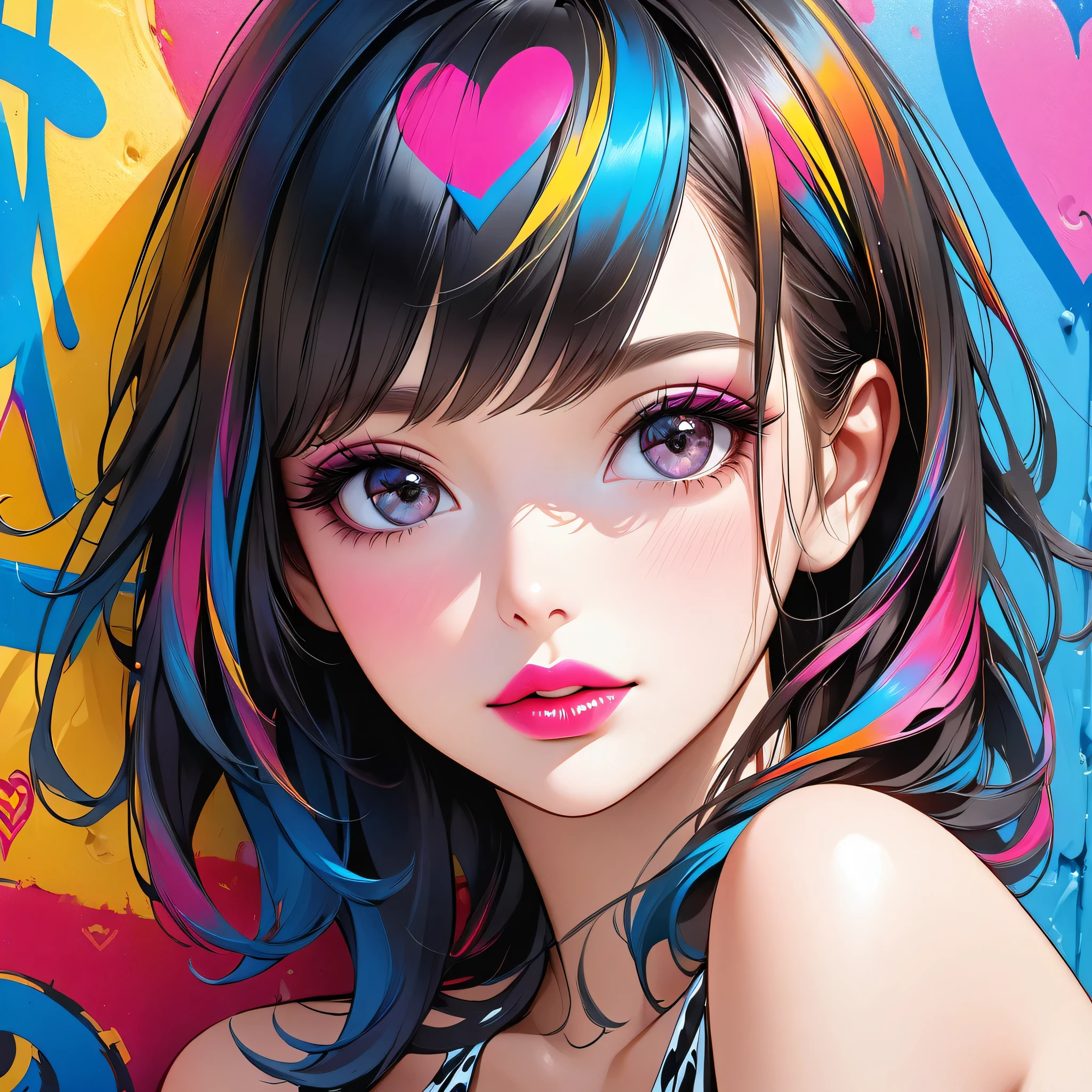 Ultra-realism Micho colorful style, Simple Line Initialism,Abstract art,(((The most beautiful girl of all time))), Sweet face. Lips in love, colorful hearts, stylish design, Summer beach fashion, Dark Eyes, Graffiti on the wall