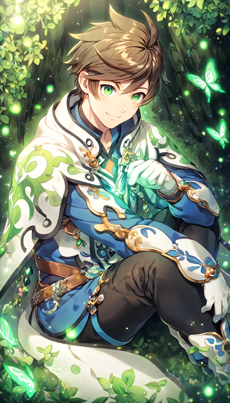 absurdres, highres, ultra detailed, HDR, master piece, best quality, extremely detailed, detailed eyes, Sorey, brown hair, expressive green eyes, Tales Of Zestiria, solo, sexy man sitting, sensual, handsome, smile, manly man, blue clothes, white cape, white gloves, black pants, under a green tree, fantasy, magical, glittering fireflies, green butterflies, green flames, magic, green leaves