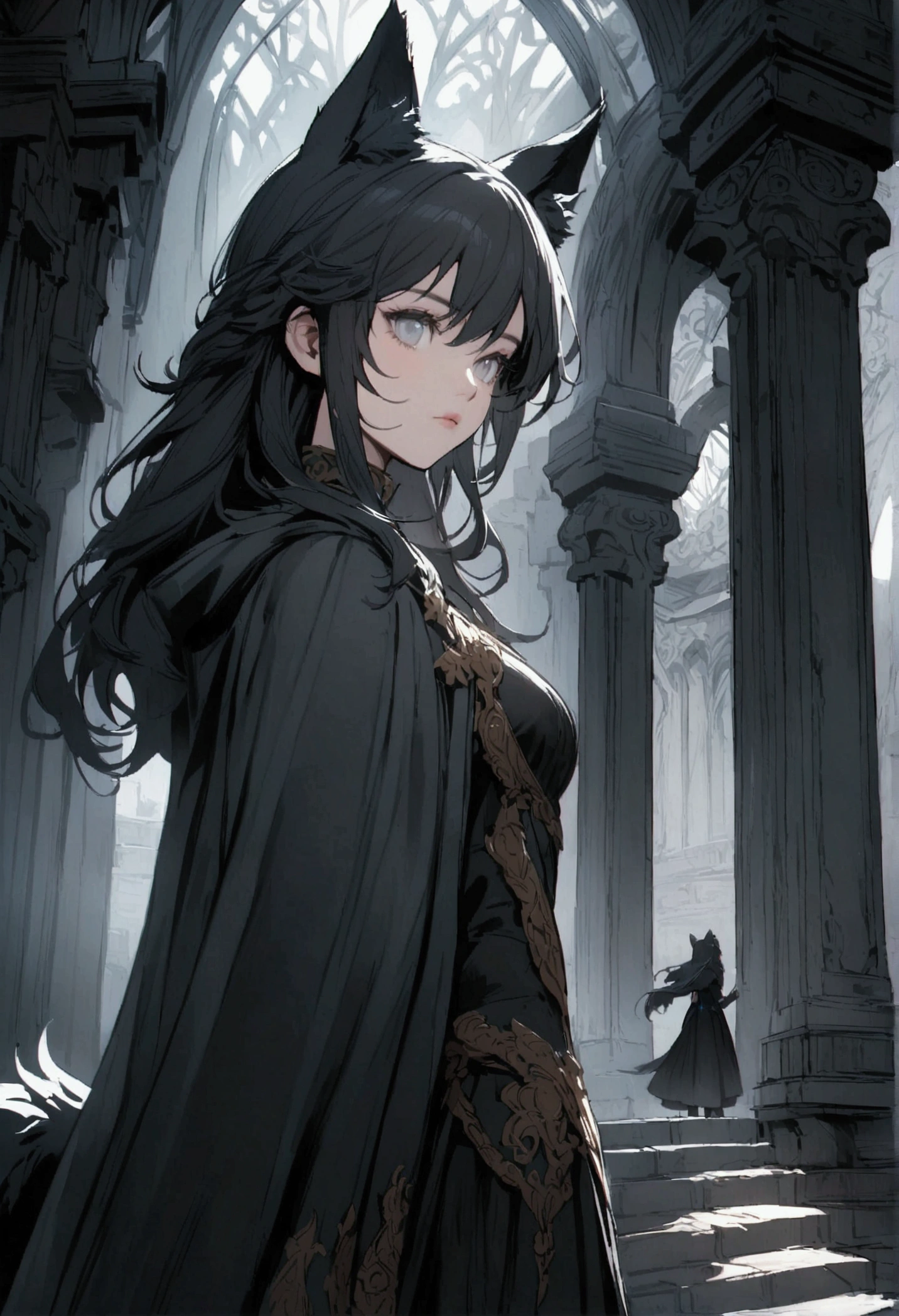 Female person, having black cloak, black hair, black wolf ears, black wolf tail, at the age of 18, with grey eyes, in a fantasy world