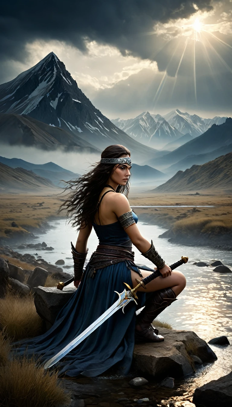Create a hyper-realistic and dramatically lit depiction of the '2 of Swords' for the Primal Sorcerer Tarot. The scene centers on a powerful, muscular warrior woman, seated on a weathered stone pedestal by the edge of a dark, ancient battlefield. She sits with her back straight, exuding a sense of calm amidst tension. Her eyes are blindfolded with a strip of rough, dark fabric, symbolizing the internal struggle and the need for impartial decision-making.
In her strong hands, she holds two massive swords, their blades crossed protectively over her chest. The swords are intricately designed, with ancient Sumerian runes carved into the blades, glowing faintly with a mystical energy. The hilts are adorned with the heads of mythical beasts, symbolizing the primal forces she balances.
The setting is a desolate, twilight landscape, where the sky is a deep, stormy gray, with heavy clouds hanging low, adding a sense of impending conflict. Behind her, a distant mountain range looms, partially obscured by mist, symbolizing the unknown and the challenges that lie ahead. To her sides, the ground is littered with broken weapons and remnants of past battles, indicating that she sits in a place of hard-won wisdom.
In front of her, calm yet menacing waters lap at the shore, reflecting the dark sky. The water symbolizes the emotional and subconscious currents at play, hidden beneath the surface of her conscious mind. The overall atmosphere should convey a moment of stillness before action, a critical pause where decisions must be made with careful consideration of the consequences.
The image should evoke a sense of power, inner conflict, and the need for careful judgment in the face of difficult choices, all while maintaining the dark, primal, and mystical tone of the Primal Sorcerer Tarot."