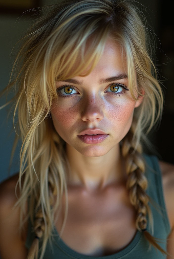 Girl with dirty blonde hair with a mullet haircut and hazel eyes
