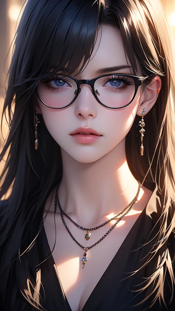 1girl, jewelry, glasses, solo, necklace, long hair, looking at viewer, earrings, bangs, black choker, lips, black-framed eyewear, blurry, blurry background, rolls her eyes, close-up, cinematic lighting, bright colors, photorealistic, concept art style, high quality, 8K, HDR, physical rendering, extreme detail, blur, depth of field, blurred foreground,