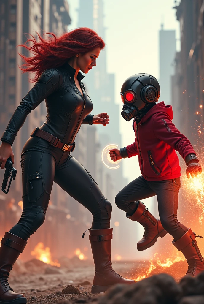 Black widow, realistic, big breasts, microphone, full body & Youg boy with red hoodie, headphones, Star-lord helmet, rocket boots, gas helmet, covered mouth, round red, eyes, front cover, ??? Star-lord with red hoodie, star-lord helmet, gas helmet, covered mouth, round red eyes, Red eyes, magic rings in the hands and rocket boots, Fighting, power, fiction, 2 persons, magic lasso, hight, fall, DJ, view of the city from above, flying in the sky, capa roja, fire under shoes, Space.