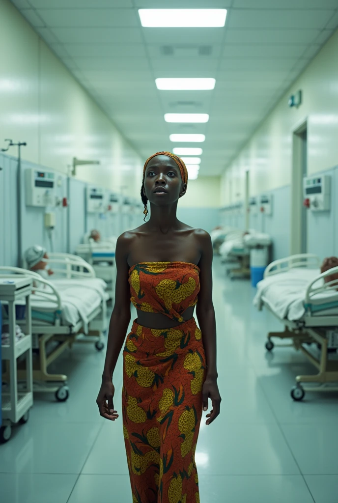 Generate image of African Igbo maternity as an igbo lady at the babies wards and finds it empty with a shock and surprise on her face and a feeling of fear and tense