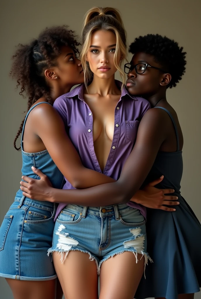 Create a photo of a 30 year old young woman, with long light brown hair tied in a ponytail with strands of hair on the face, slender and beautiful body, wearing jean shorts and an open purple shirt with no bra with  , with white and clear skin, is facing the camera being hugged and lifted high into the air by two black teenagers, dark-skinned, obese, ugly, low, with short hair who is wearing a blue dress and glasses