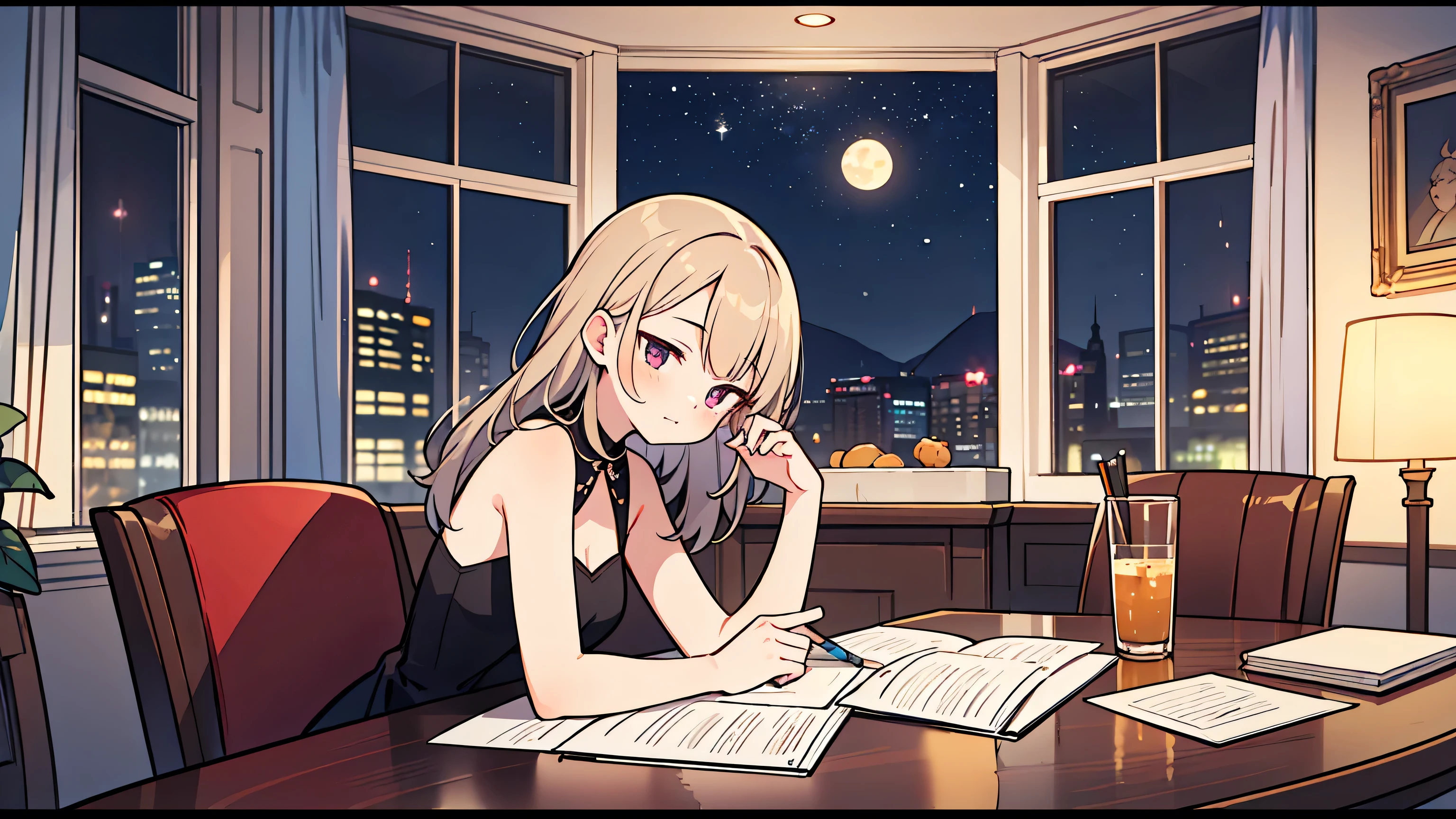 (masterpiece, best quality),1 woman, different hair colors, different faces,letterboxed, perfection of fashion,a faint smile, sleeveless dress,upper body, from the side,Royal inner bedroom,Studying,Royal table,A night view outside the window,laptop,Well-organized table,Luxurious interior,Draw with precision