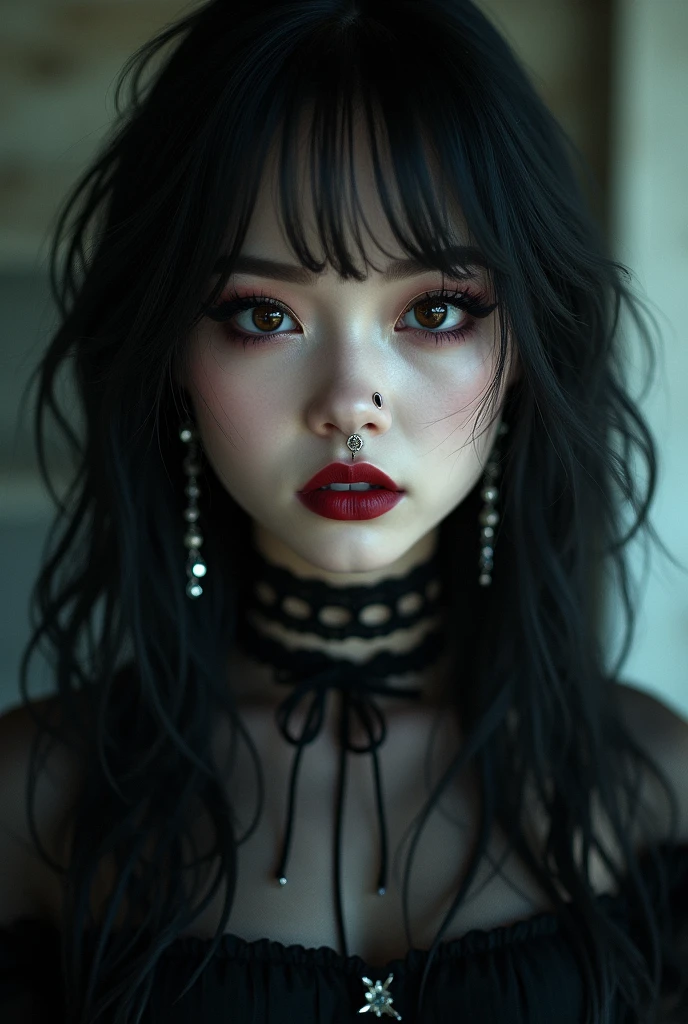 Arafed woman with piercings and piercings on her face., 1  goth girl, goth girl aesthetic, Wear gothic makeup, gothic aesthetic, goth girl, pale goth beauty, cruel korean goth girl, 1  anime goth girl, Goth makeup, septum piercing, dark and penetrating eyes, Looks like a mix of grimes