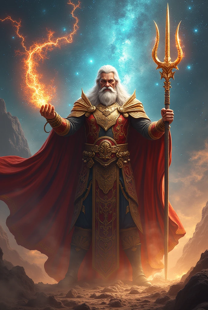 The king of the mighty universe holds the trident of the mighty universe in his right hand and holds a fiery lightning whip in his left hand.